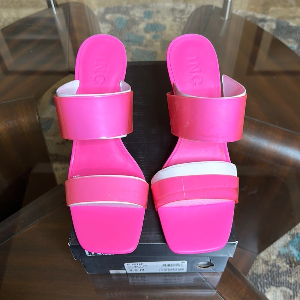 INC WOMENS ELESTE TRANSPARENT SLIP ON SQUARE TOE WEDGE SANDALS Sz9.5‎